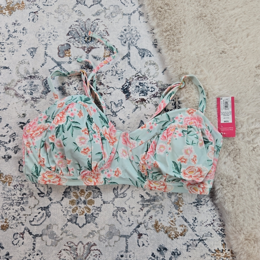 Xhilaration Blue Pink Floral Padded Wired String Bikini Top Plus Size 16W